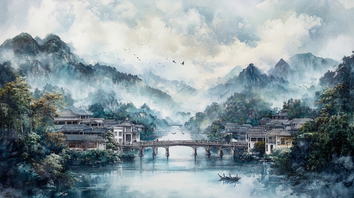 水墨江南山水古村图