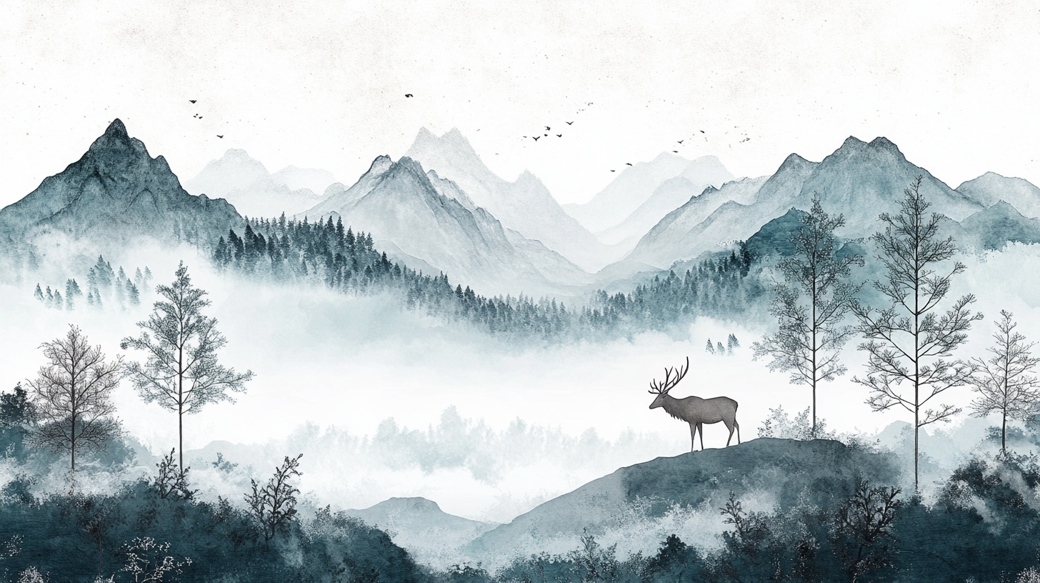 水墨山林间的独鹿风景