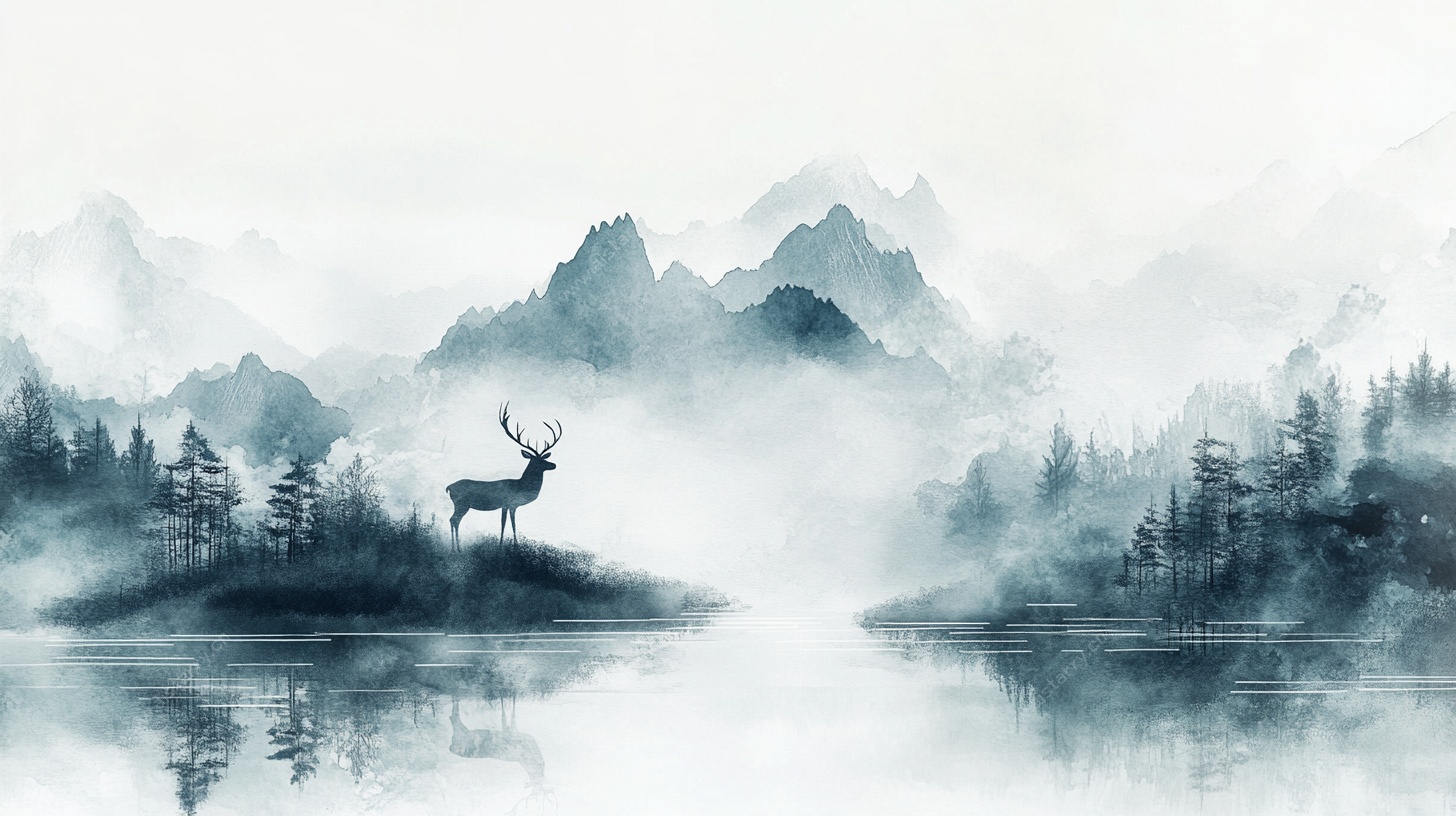 水墨山水间的优雅灵鹿