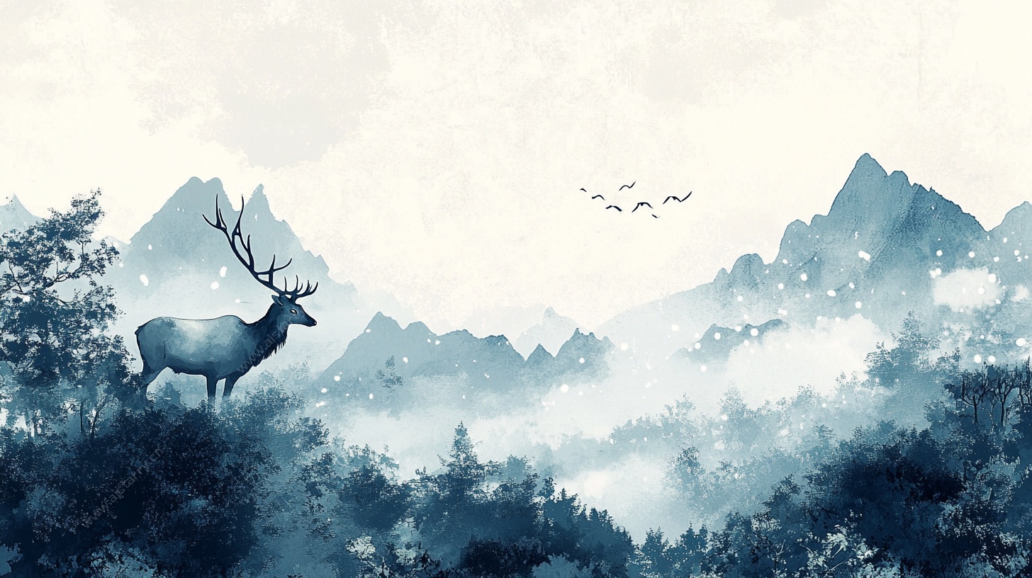 山林灵鹿 雾霭山水图