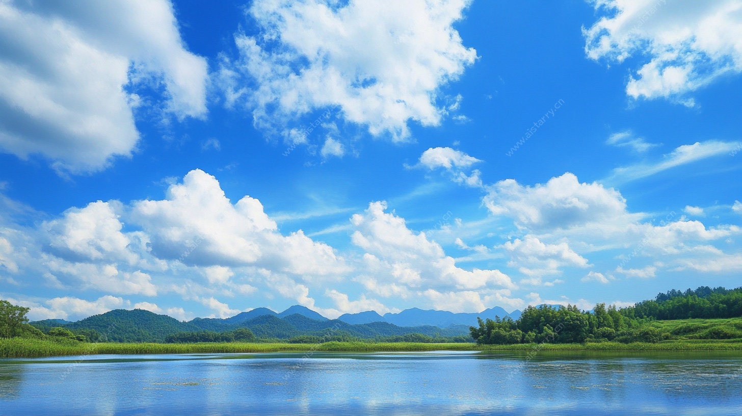 蓝天白云下的宁静湖泊