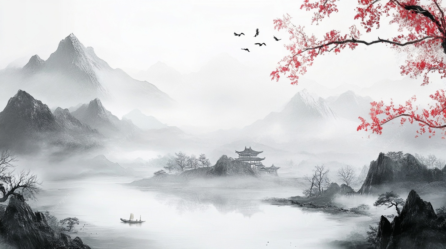 水墨山水间 红梅映孤舟