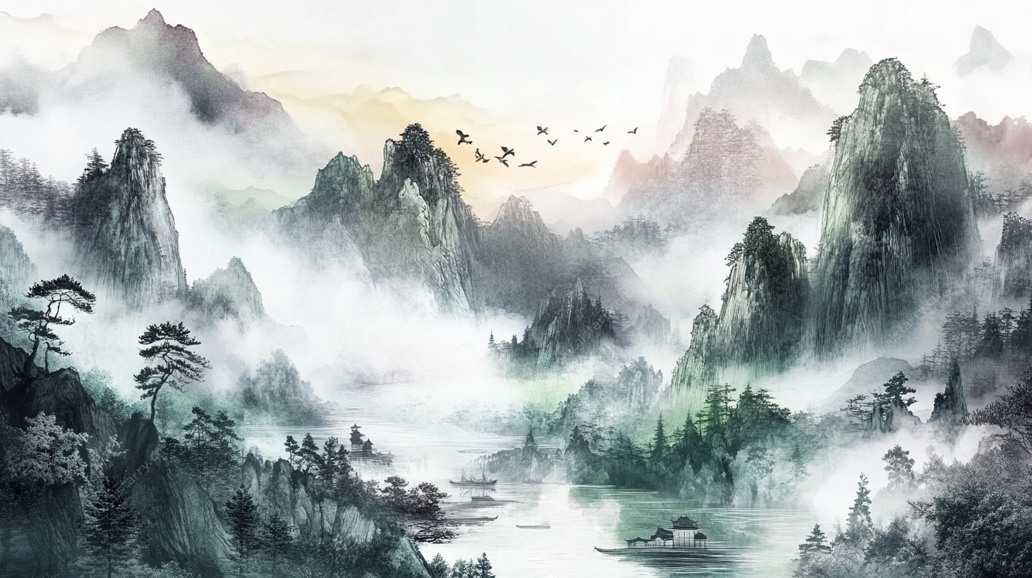 水墨山水间 飞鸟伴云雾