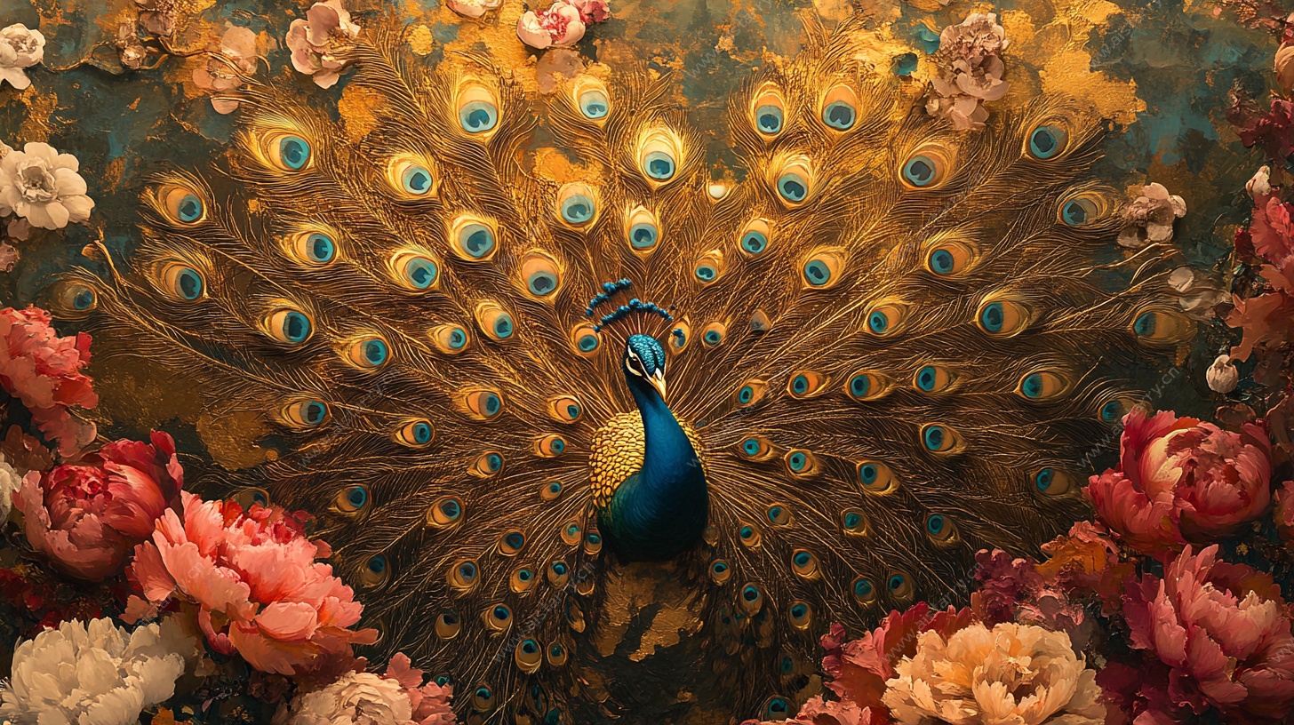 孔雀开屏伴繁花