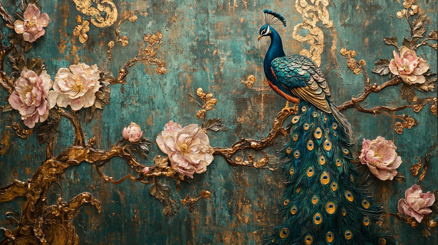 孔雀栖于繁花枝头油画风