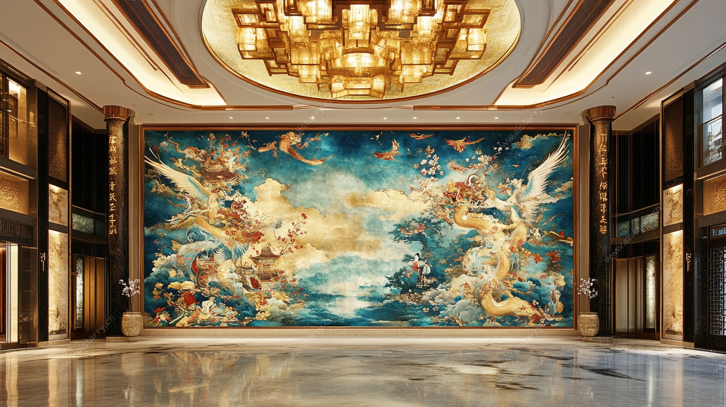中式大厅的精美壁画装饰