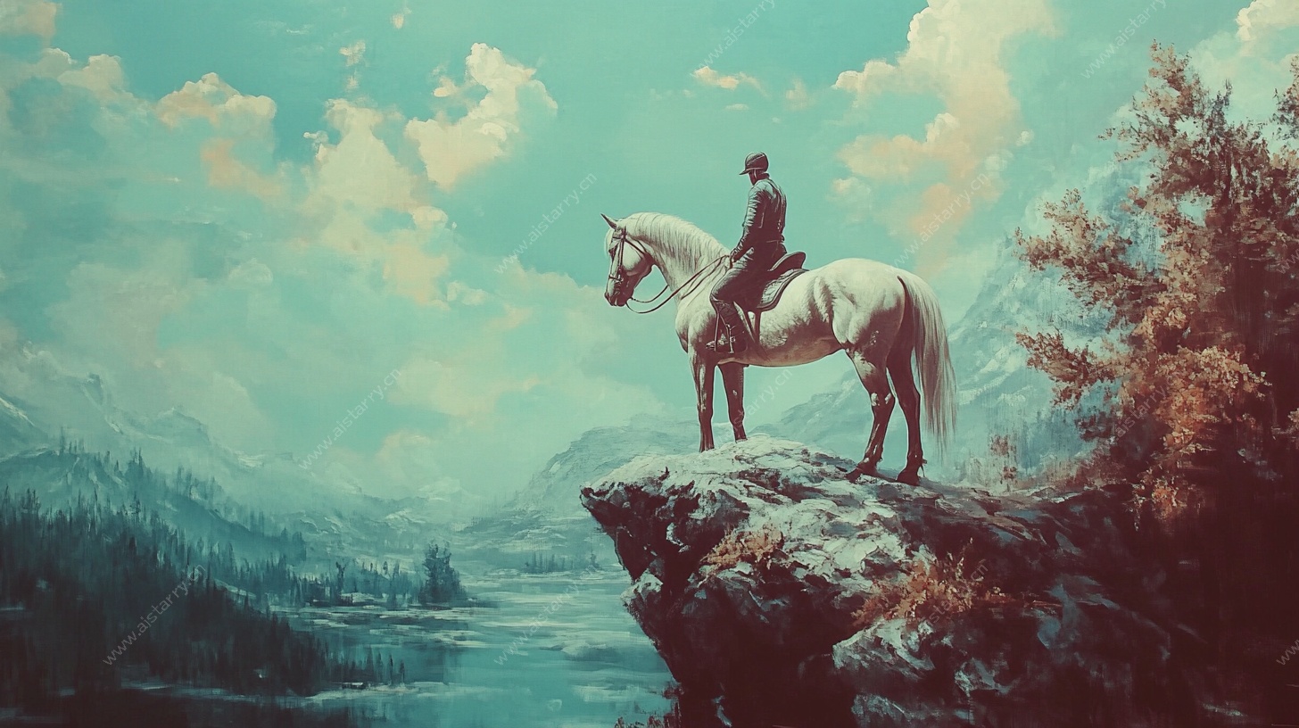 骑士立马悬崖风景图