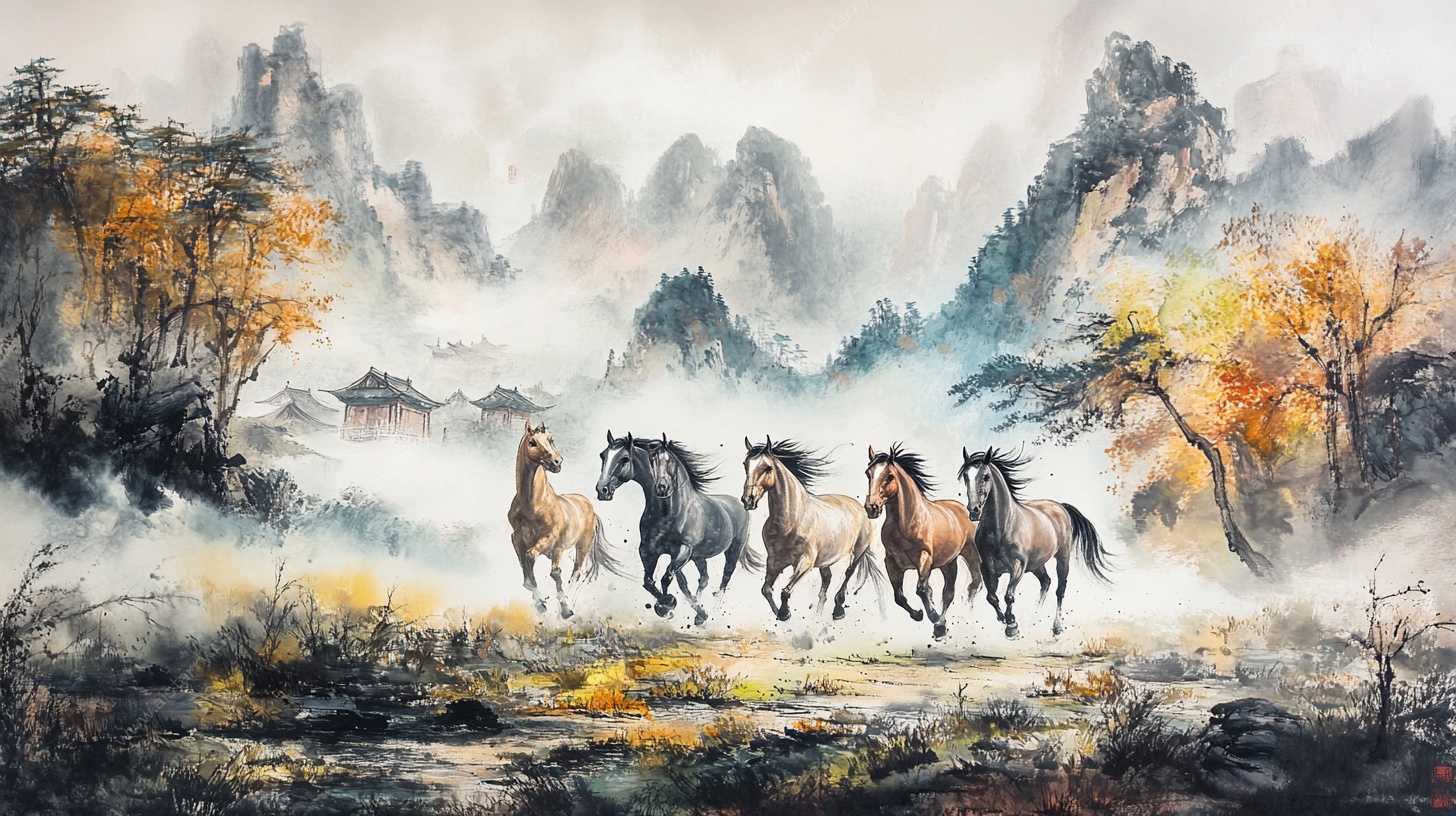 八骏奔腾山水间