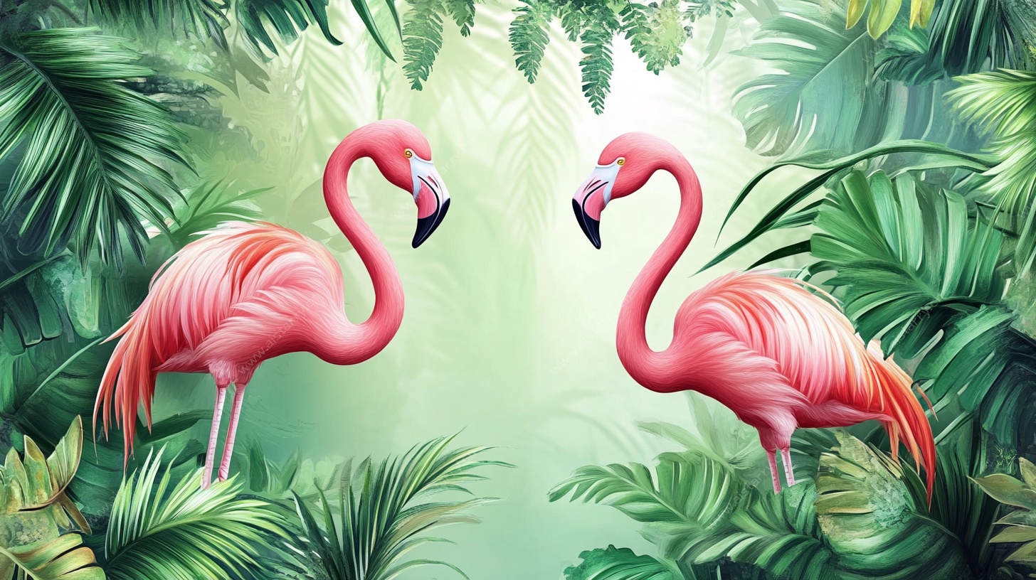 双火烈鸟于热带绿植间