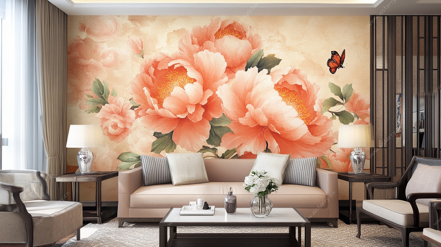 中式牡丹背景墙客厅装饰