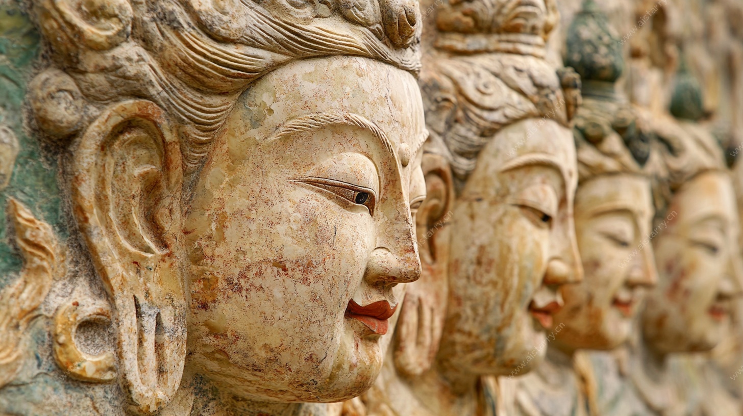 一排古老佛像头部特写