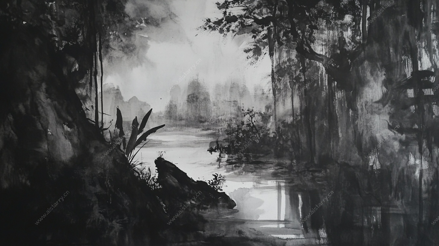 水墨风格静谧森林溪流图