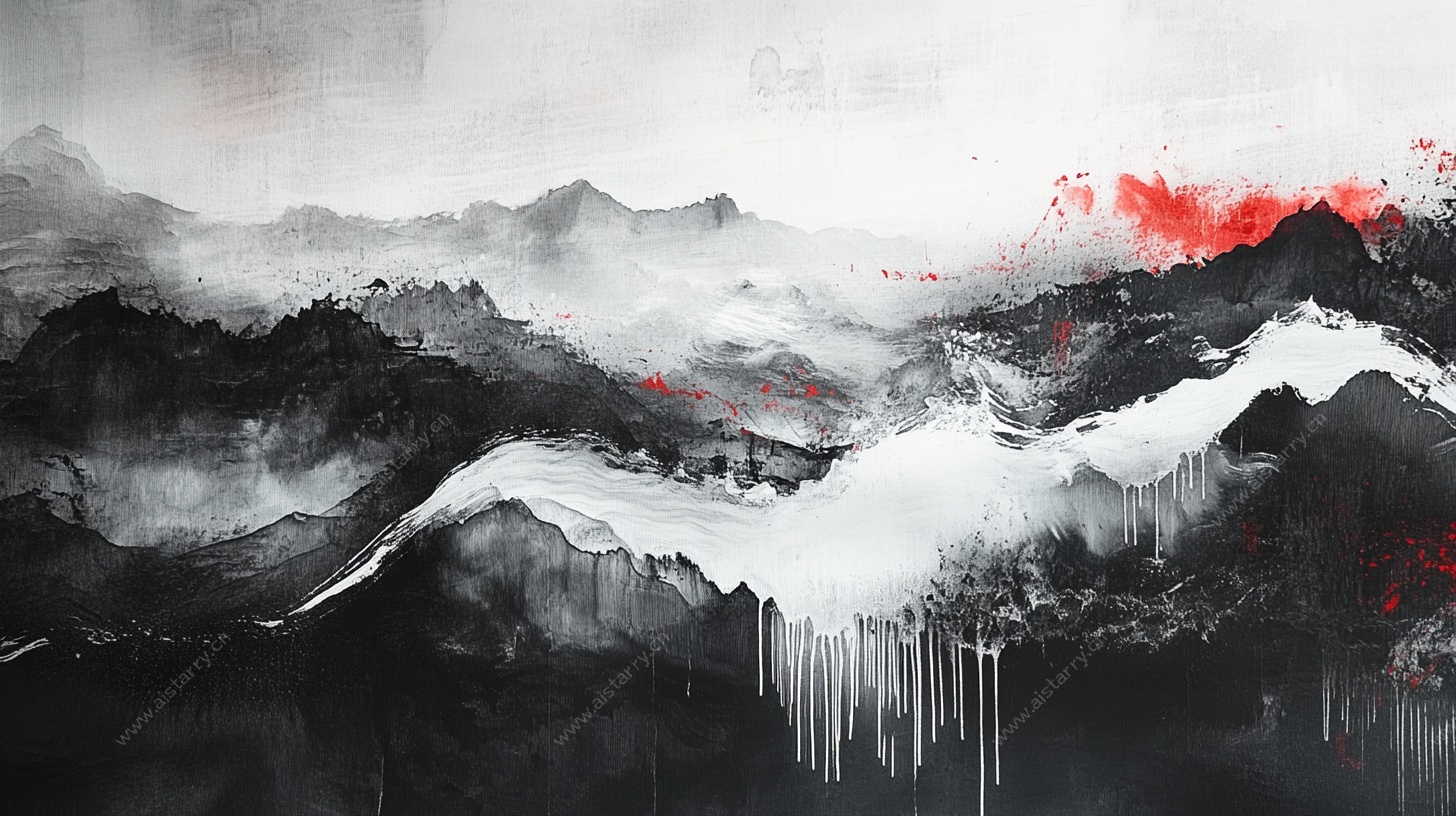 水墨山水抽象画中的红韵