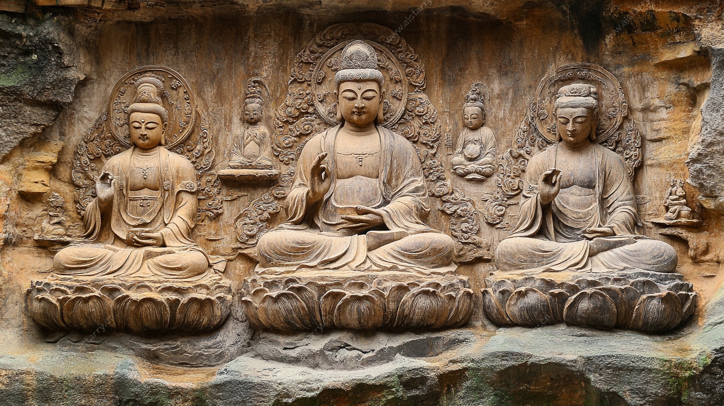 三尊佛像石雕艺术作品