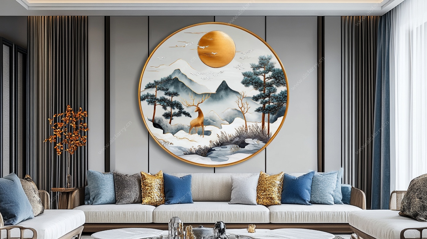 中式客厅 圆形山水装饰画