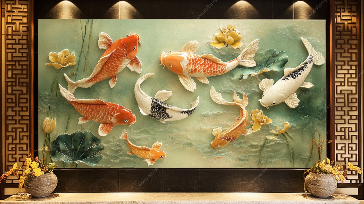 九鲤图中式玄关装饰画