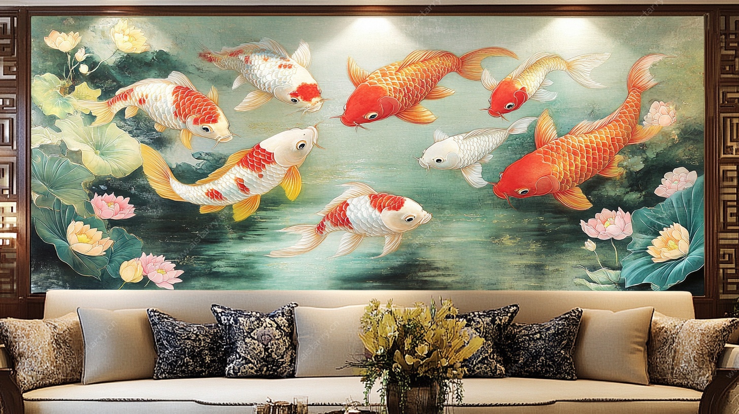 中式锦鲤图客厅装饰壁画