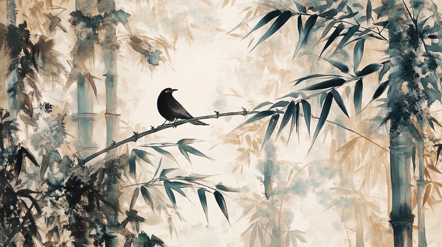 竹间栖鸟水墨画