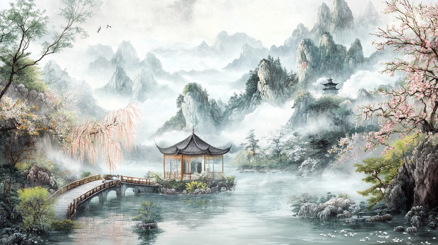 中式山水意境古风风景画