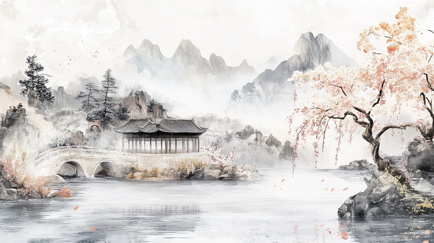 水墨山水亭阁图