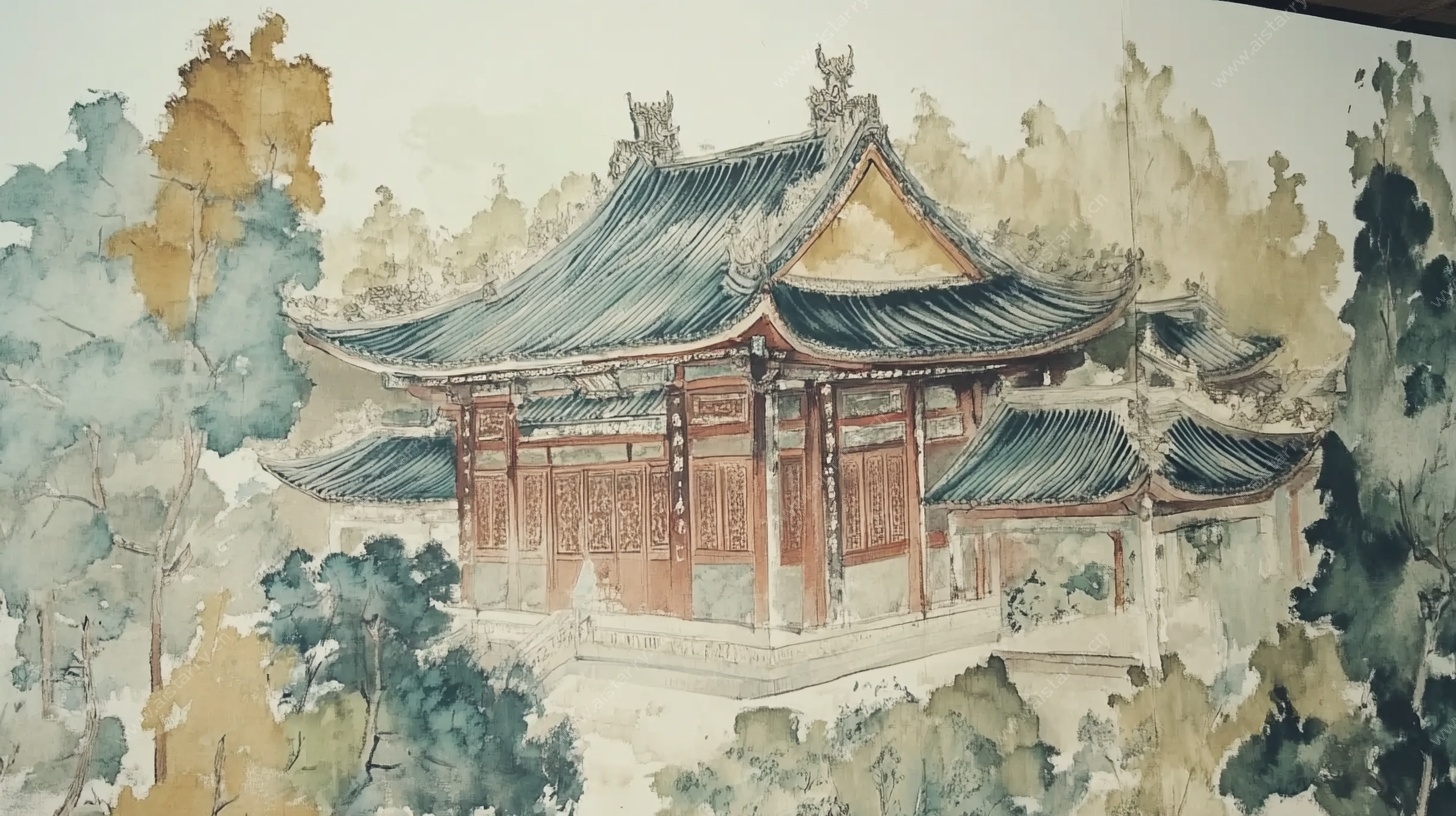 中式古建水彩画风景