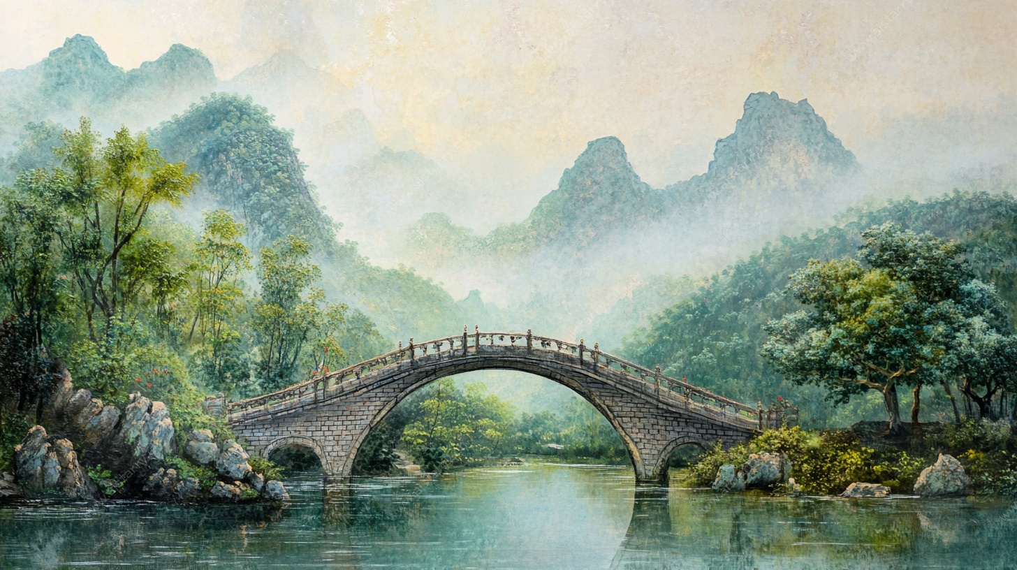 中式山水古桥风景图