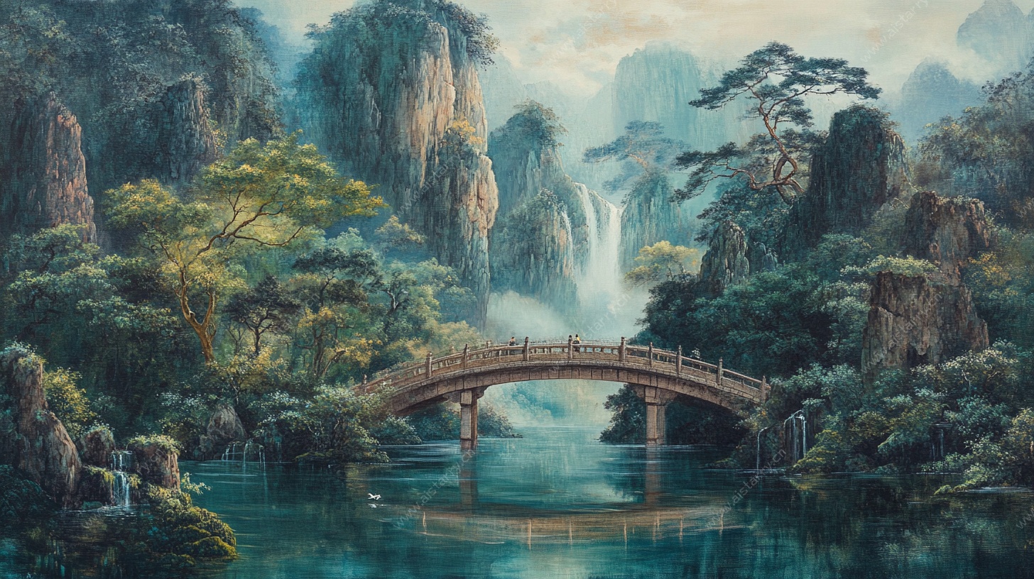 中式山水意境桥景图