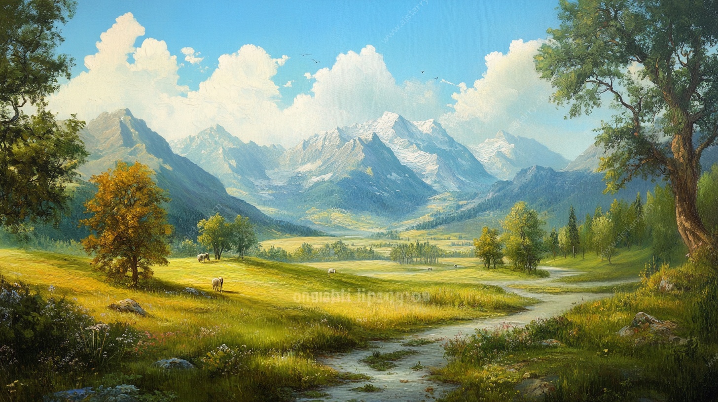 山间田园风光油画美景