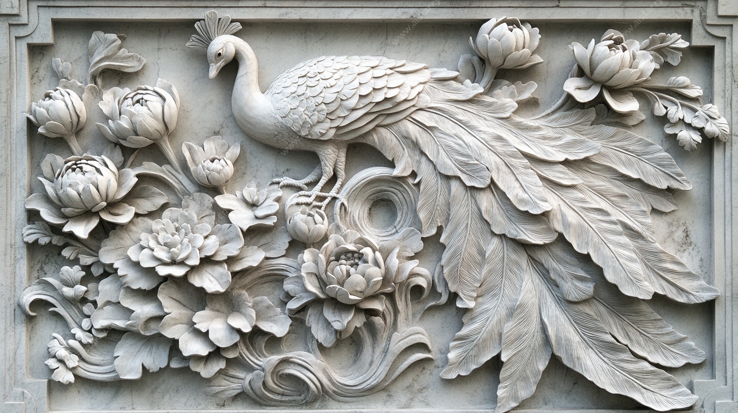 孔雀牡丹石雕图案