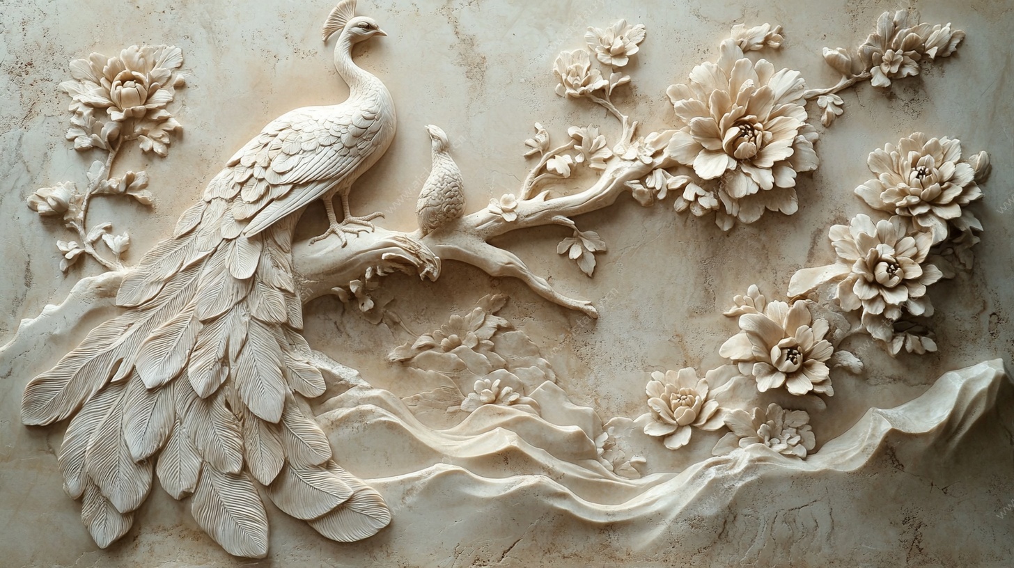 孔雀花卉浮雕艺术作品
