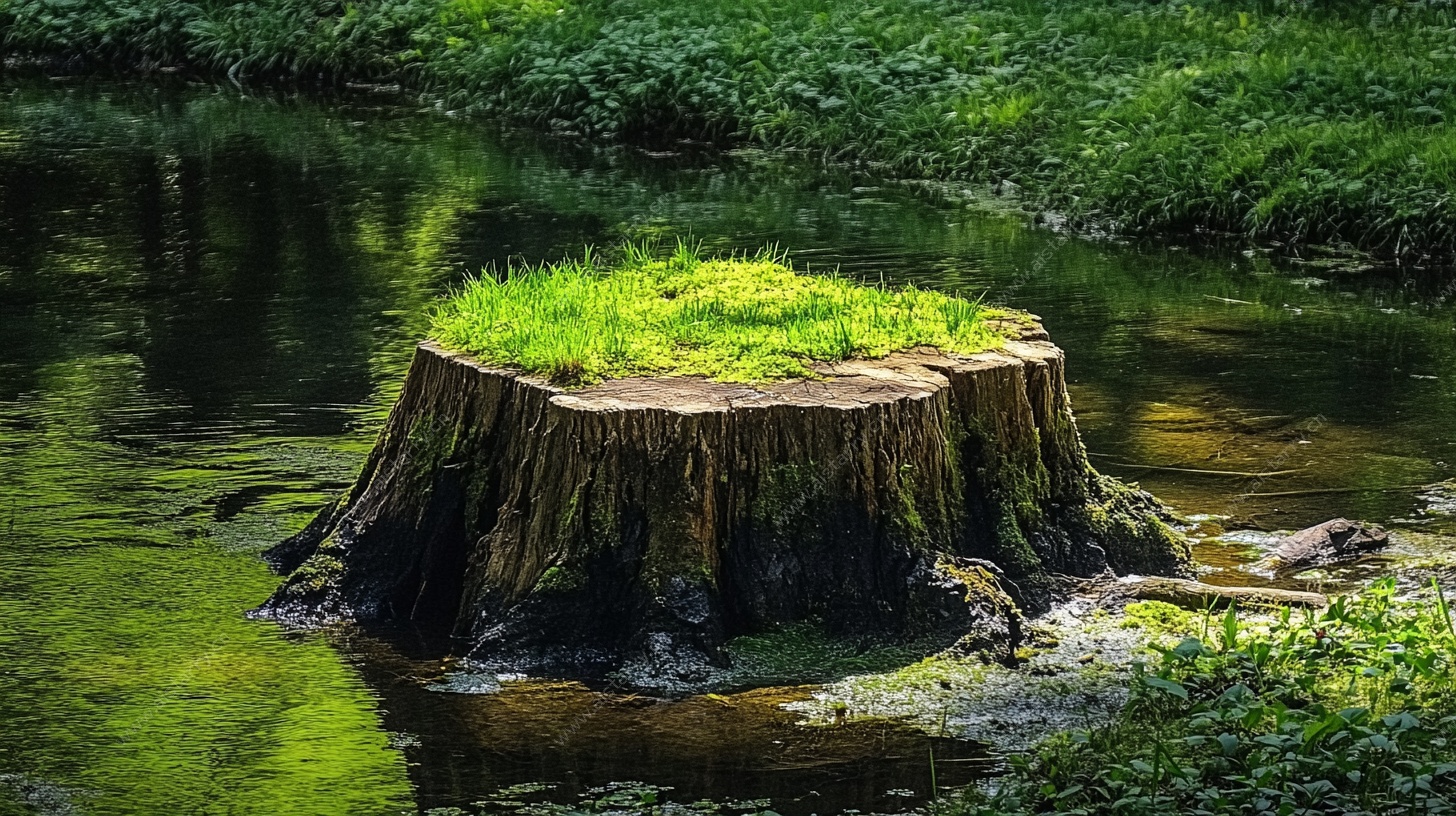 水畔绿意盎然的树桩景观