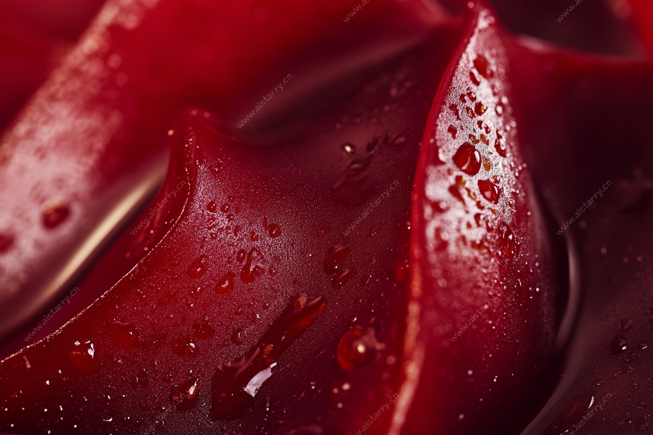深红润泽花瓣带水珠