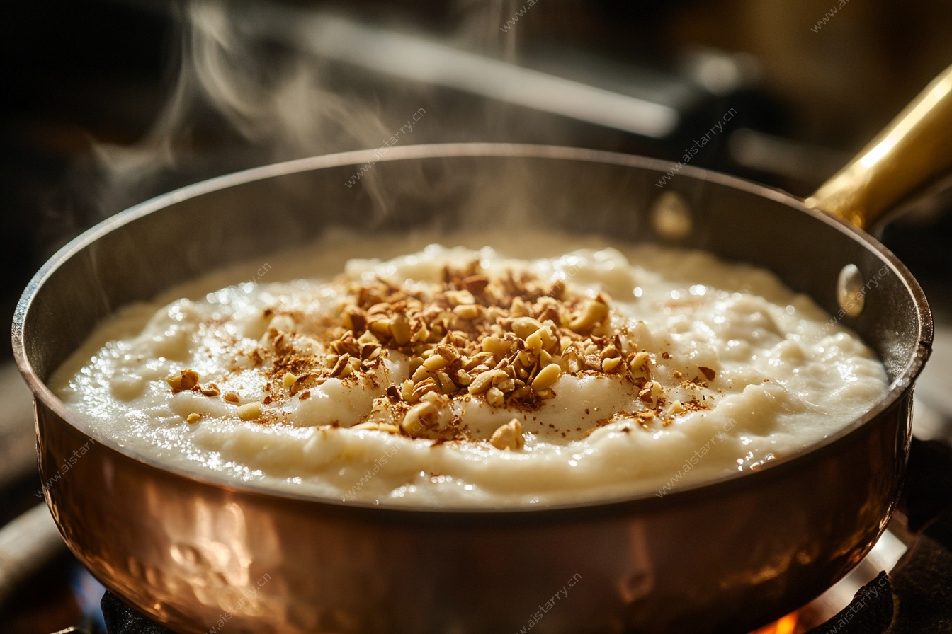 铜锅中的美味坚果奶油粥
