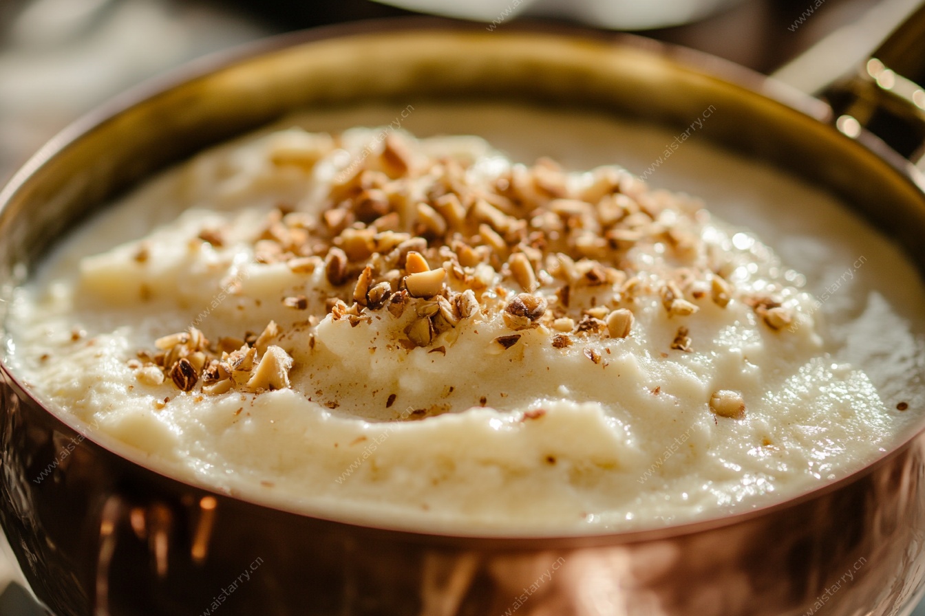 铜锅中的坚果碎奶油甜品