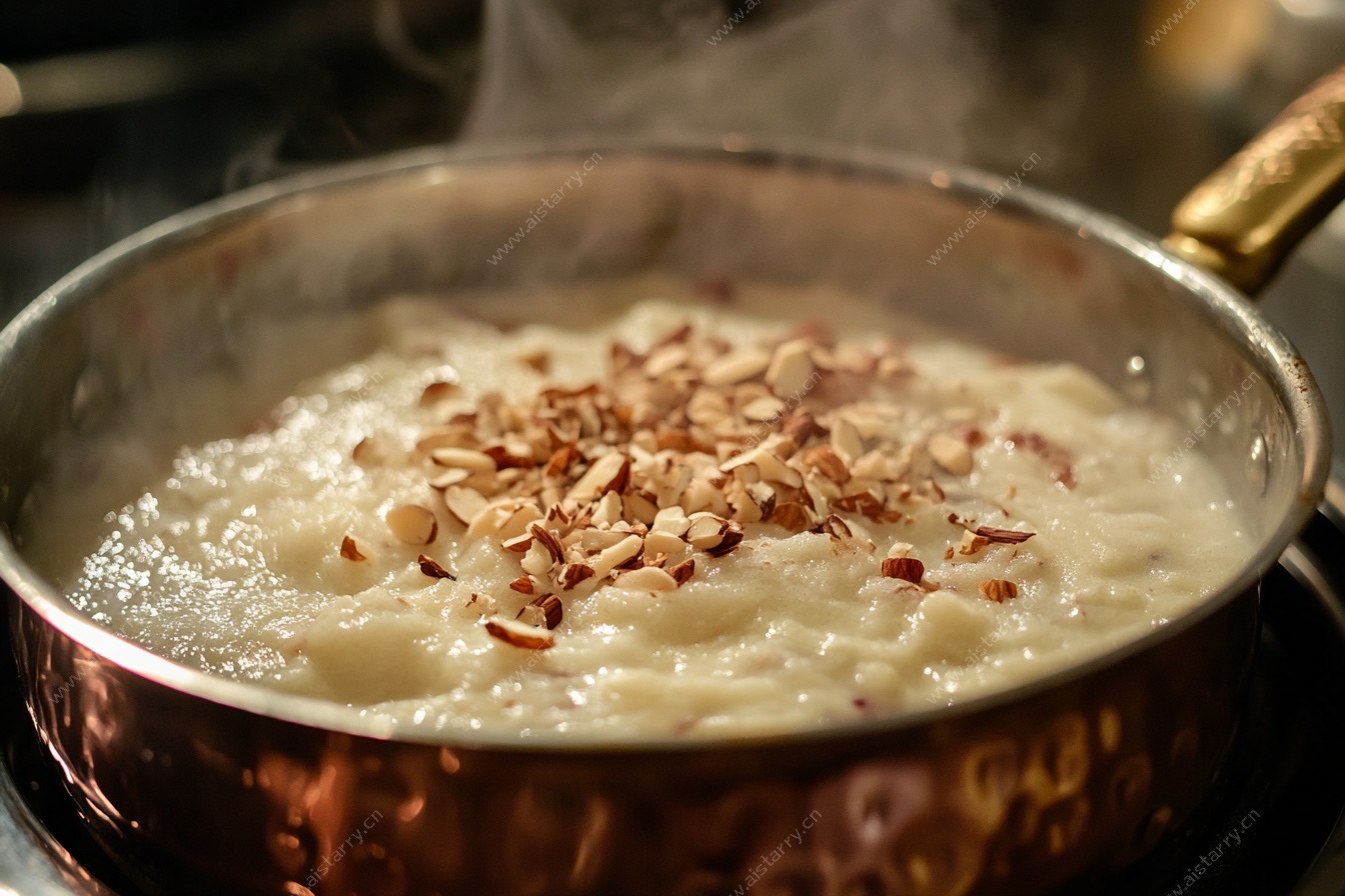锅中煮着撒有坚果的米粥