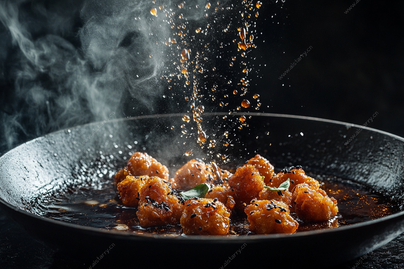 锅中油炸肉丸烹饪瞬间