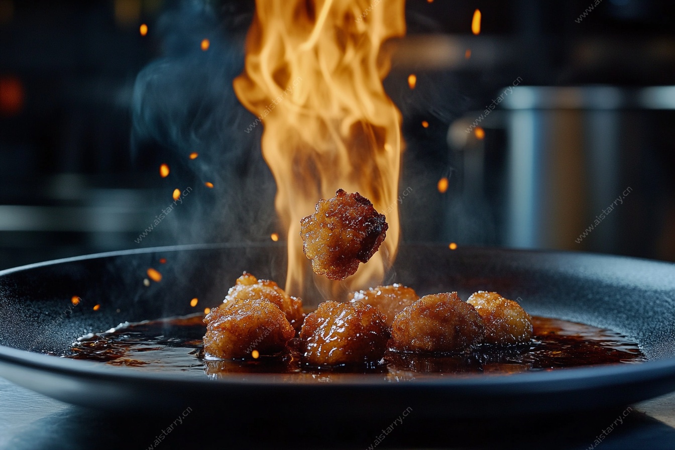 火焰烹饪中的美味虾仁