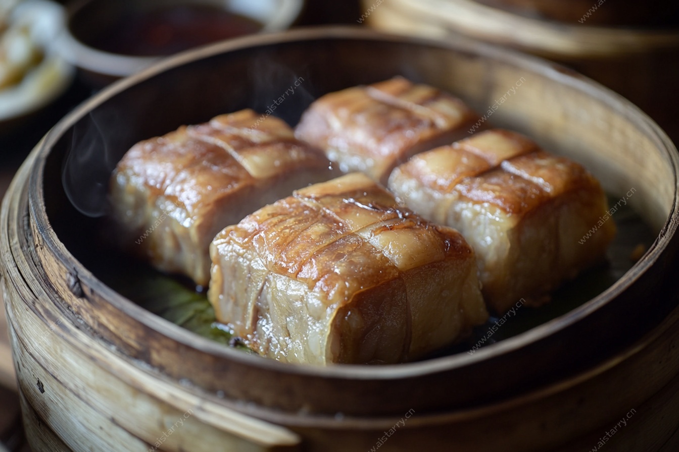 竹笼中香嫩的清蒸五花肉