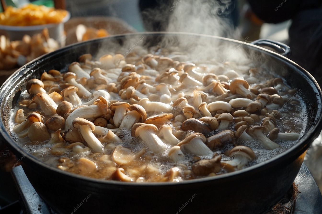 煮锅中的鲜嫩蘑菇