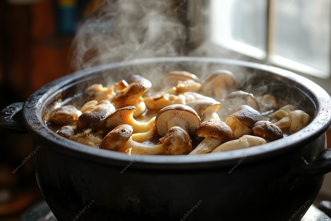 锅中热气腾腾的鲜蘑菇