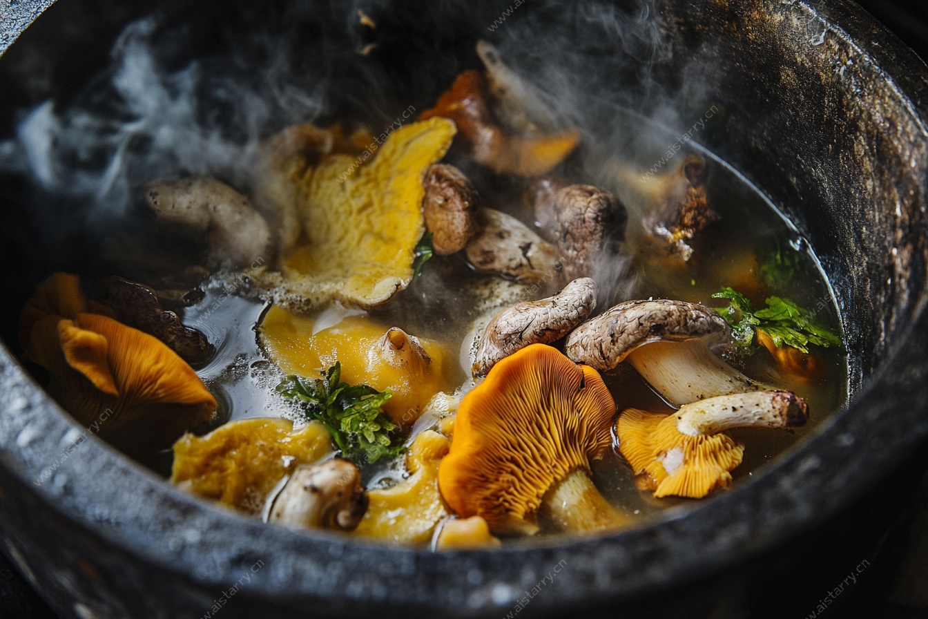 石锅中煮着多彩野生菌汤