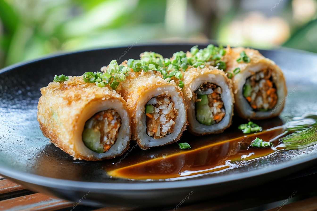 炸寿司卷摆盘特写