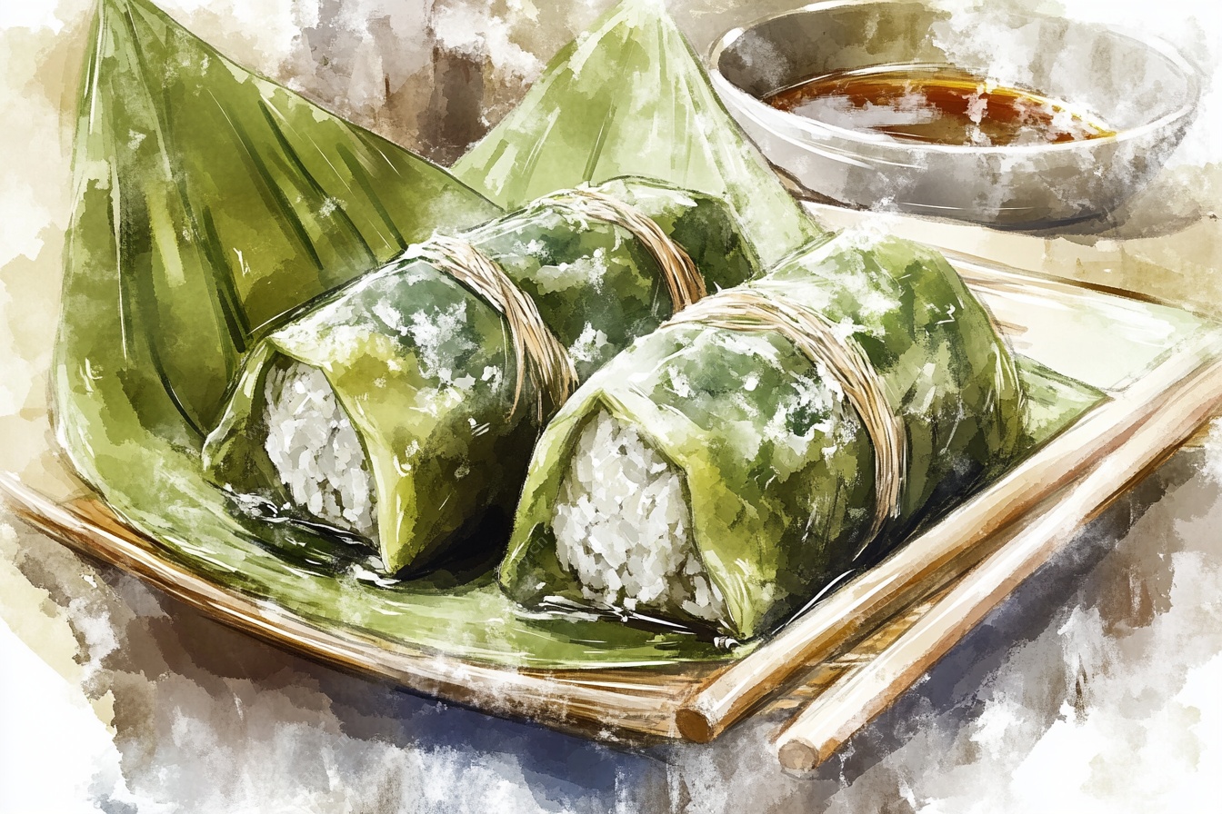 水彩风粽叶包裹的美味饭团
