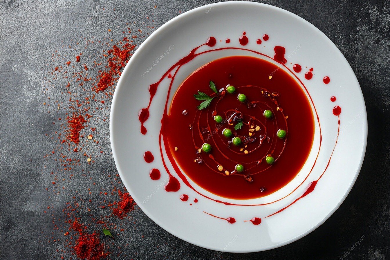 番茄浓汤摆盘特写