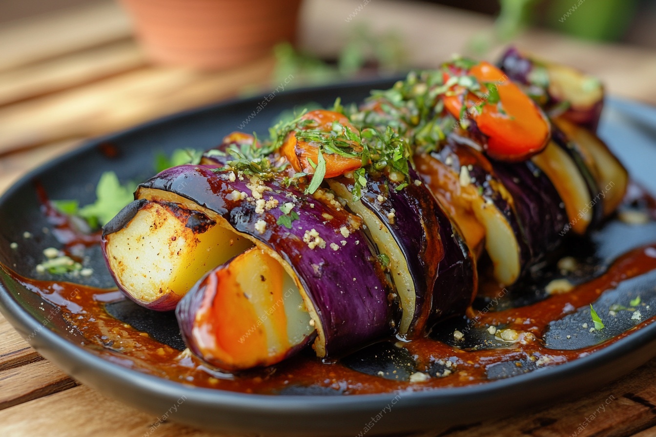 烤茄子美食摆盘