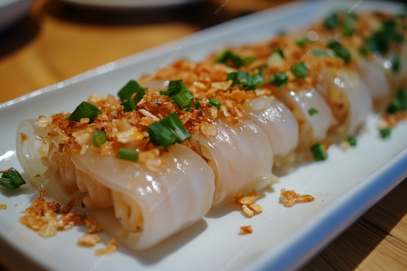 蒜蓉葱花点缀的美味肠粉