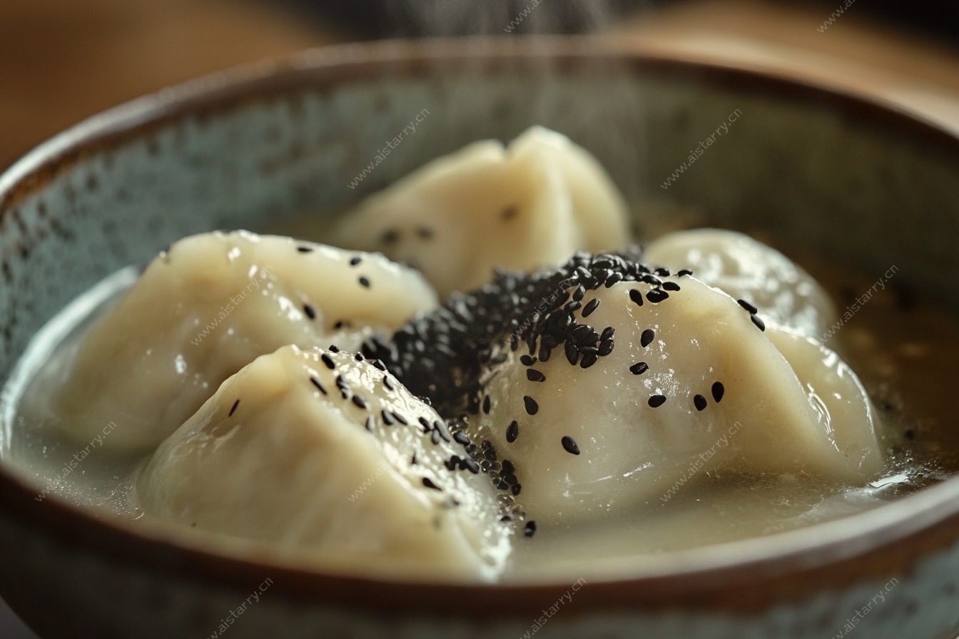 一碗撒黑芝麻的美味饺子