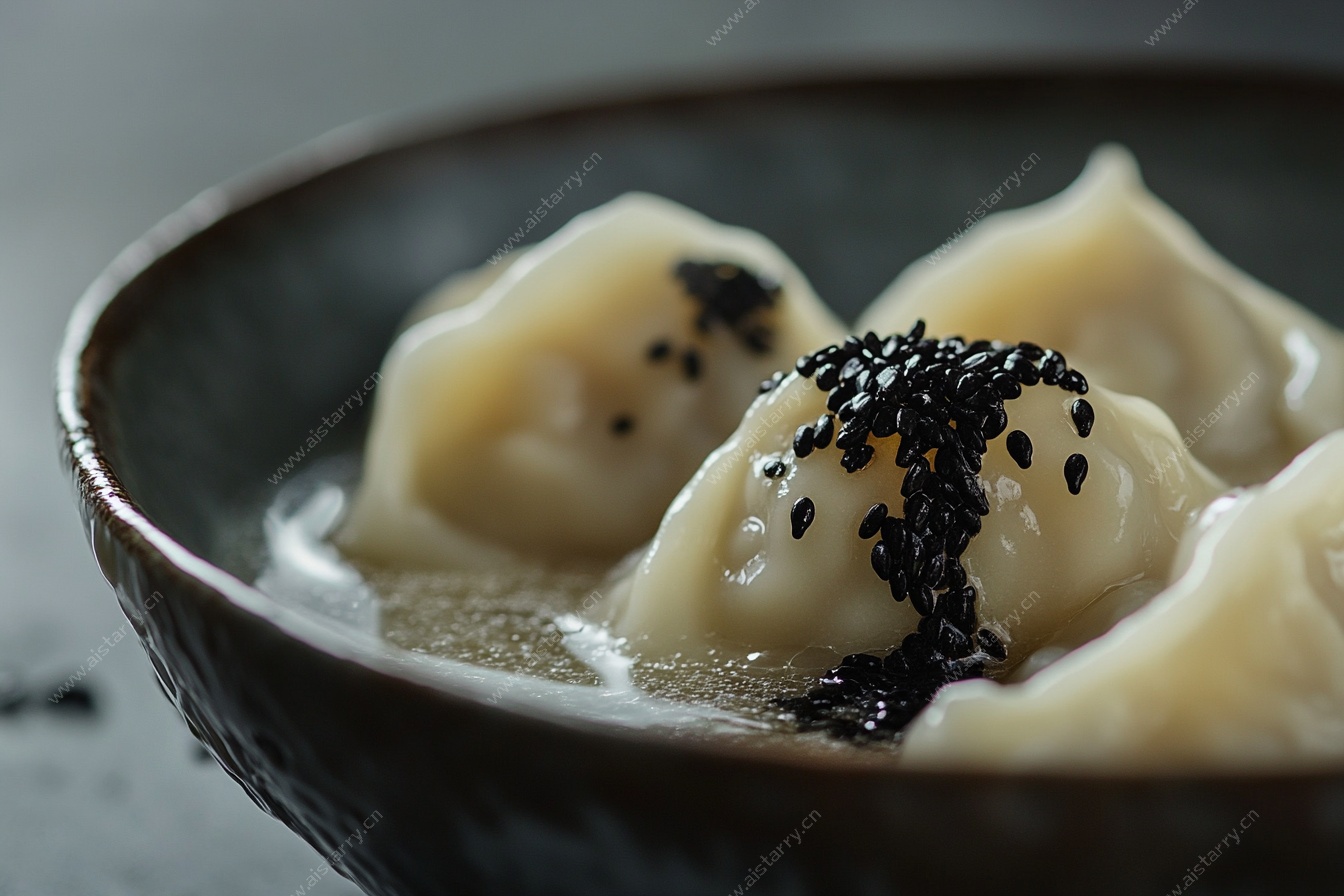 碗中美味水饺撒黑芝麻