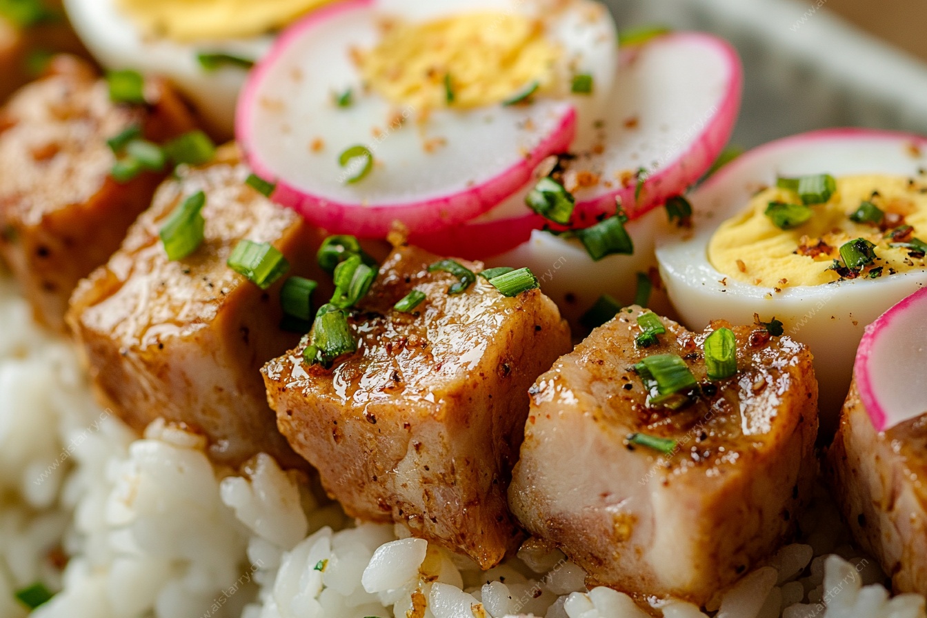 照烧肉块配米饭与鸡蛋
