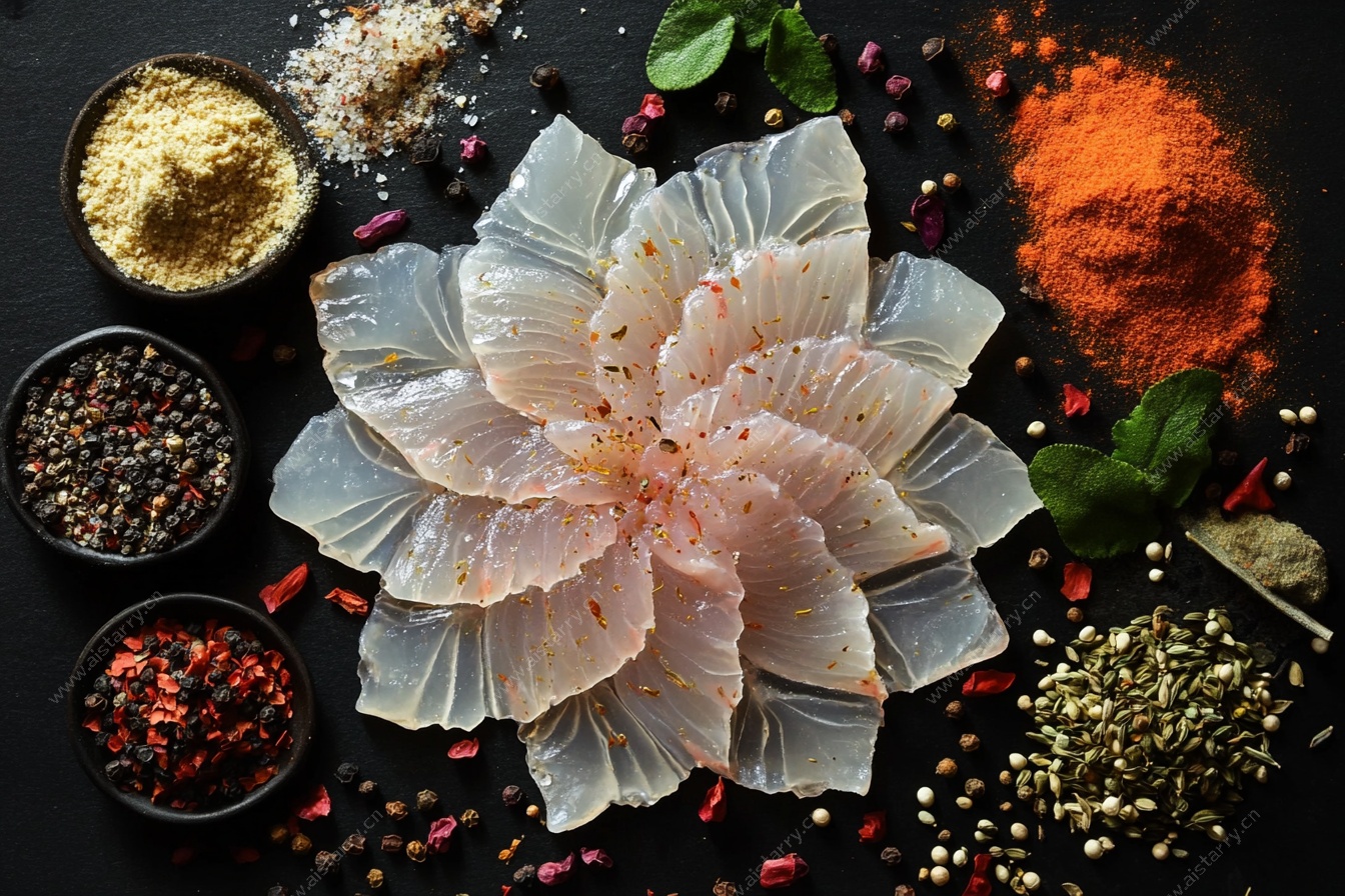 生鲜鱼片与多样香料组合